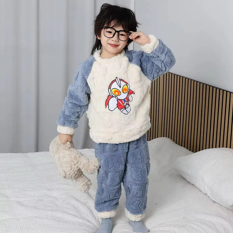 奥特曼睡衣秋冬季新款珊瑚绒加绒儿童男女孩法兰绒冬款家居服睡衣