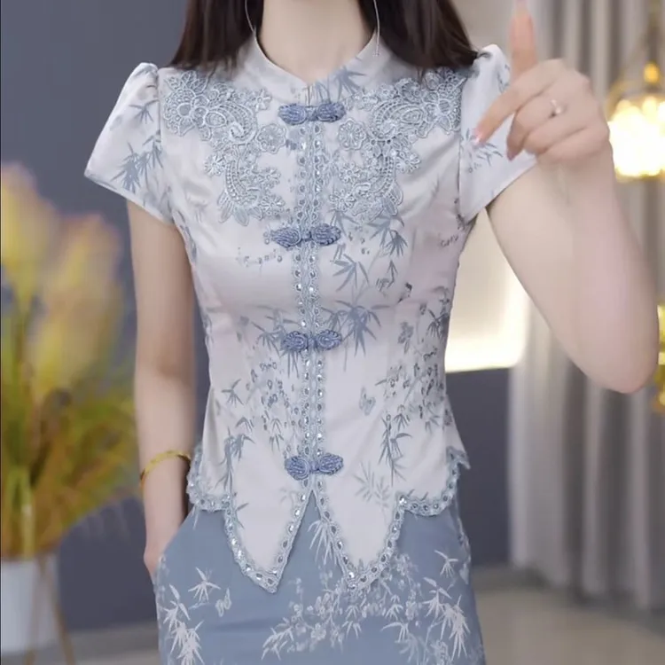 高级提花缎套装新中式改良优雅旗袍裙2025夏季新款时尚显瘦连衣裙