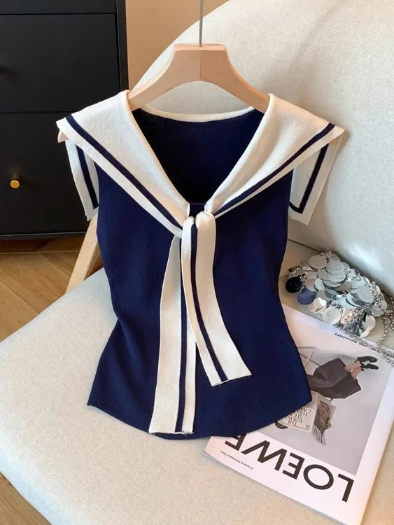 撞色海军领v领时尚舒适无袖t恤女夏季修身显瘦假两件披肩背心上衣