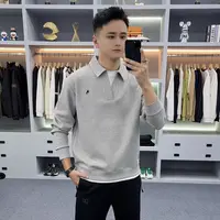 秋冬季新款拼接假两件纯色刺绣翻领卫衣男潮流百搭华夫格上衣8716