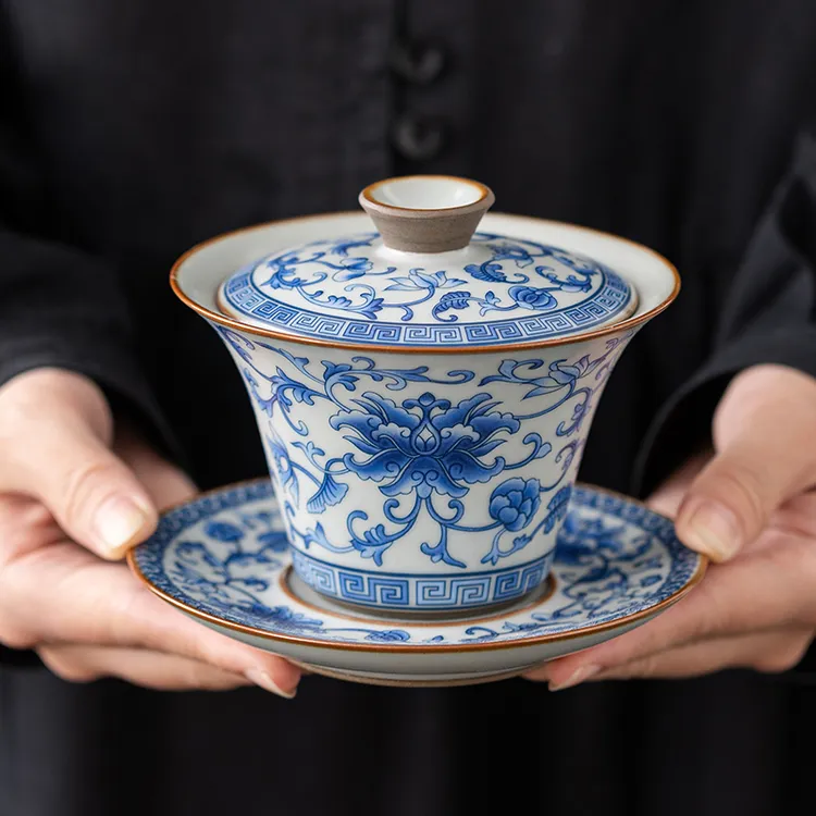 缠枝莲三才盖碗铁胎汝窑颜荣聪功夫茶具泡茶碗功夫茶具天青色盖碗