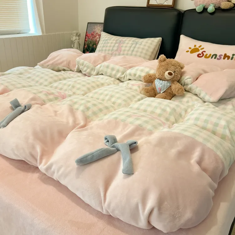 美拉德加厚羊羔绒四件套卡通牛奶绒被套罩床单三件套2025秋冬新款