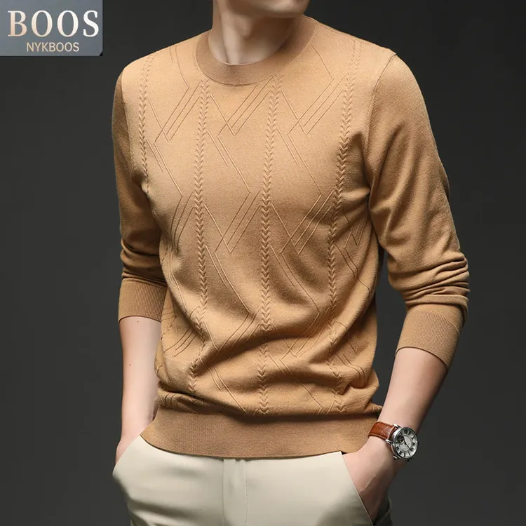 【山羊绒+桑蚕丝】轻奢高端男士秋款重工提花圆领薄款针织打底衫