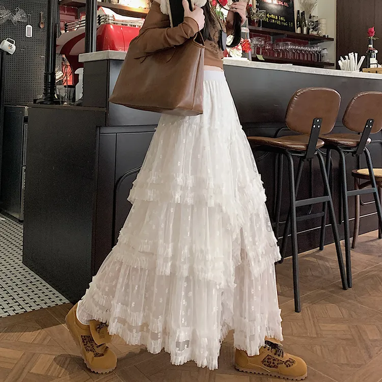 2025春夏新款白色蕾丝半身裙女a字纱裙甜美公主蓬蓬蛋糕长裙