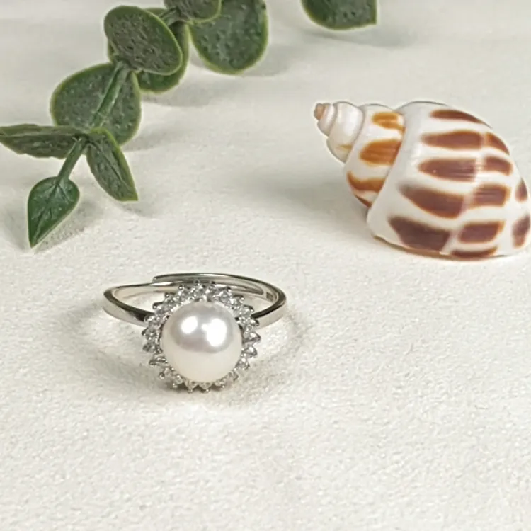 淡水无核珍珠戒指S925银开口戒指8-9mm新中式国风简约时尚百搭