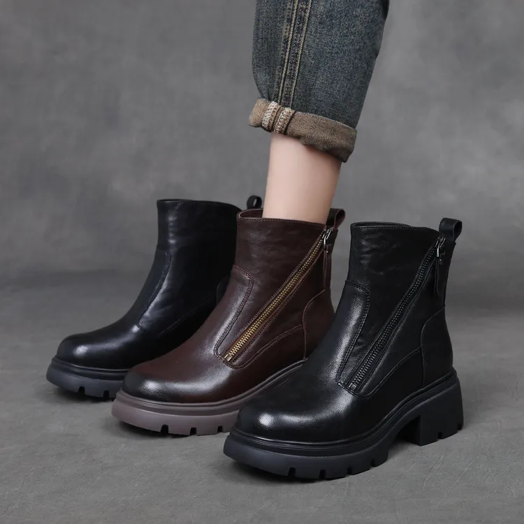头层羊皮马丁靴女厚底粗跟2026新款春加绒保暖休闲短靴真皮英伦风