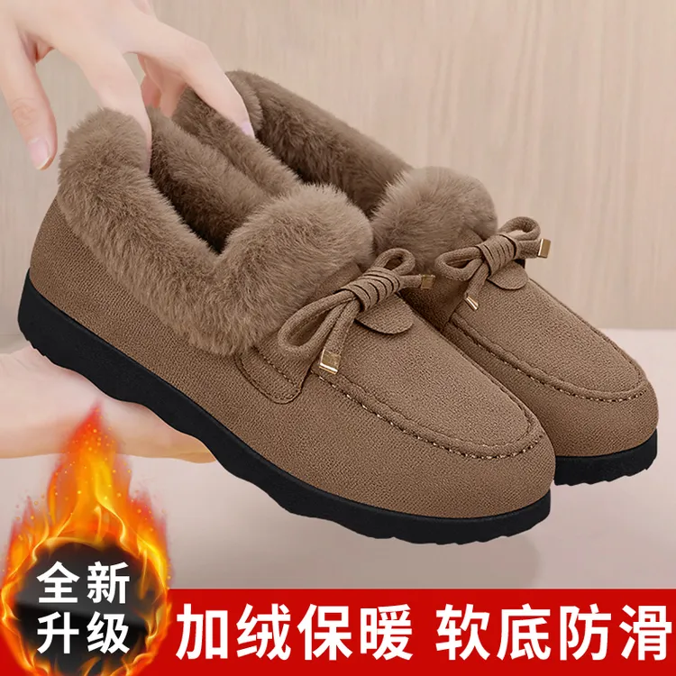 【加绒豆豆棉鞋】老北京布鞋女冬保暖一脚蹬新款妈妈防滑软底毛毛鞋