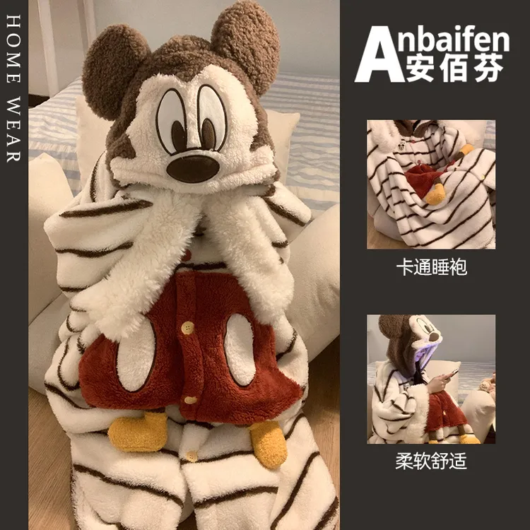 可爱米奇毛绒睡裙女秋冬款珊瑚绒长袖保暖加厚加绒连帽睡衣法兰绒
