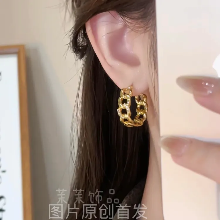 铜合金锆石耳饰 金色耳环【金属圆叙】金属风2.5cm耳圈