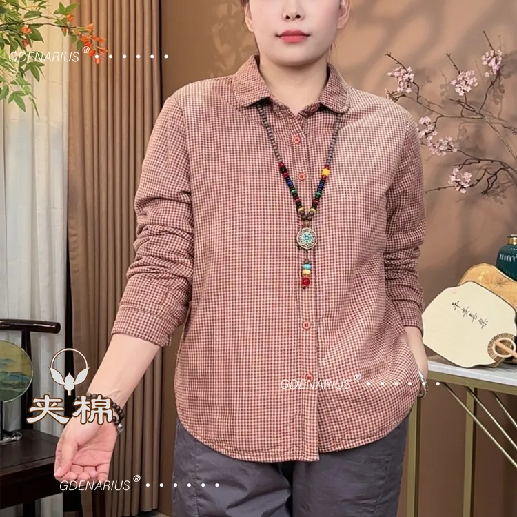 夹棉加厚小格子圆角方领长袖衬衫气质百搭保暖锁温宽松上衣15286