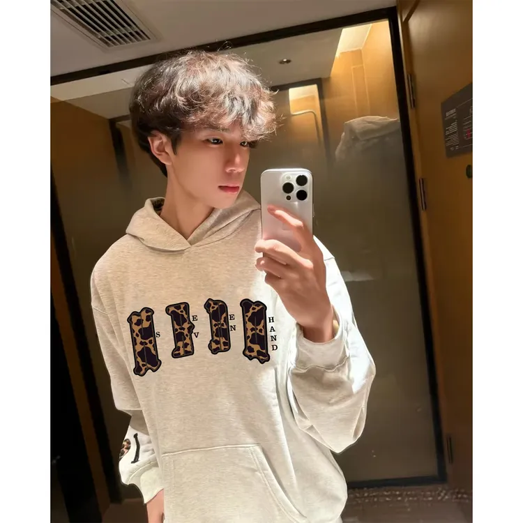 HandSeven美式秋冬字母刺绣连帽宽松卫衣ins时尚情侣豹纹连帽帽衫