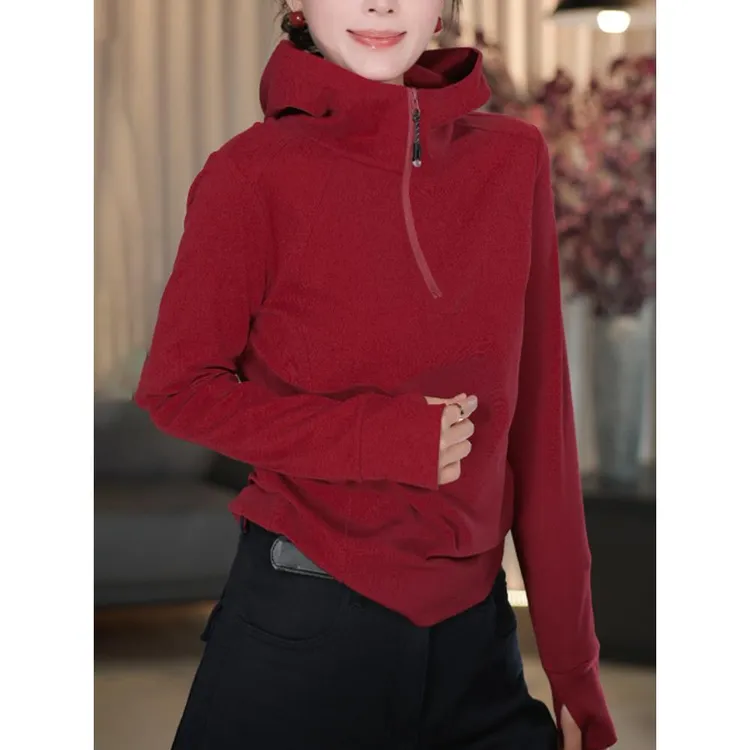 红色连帽卫衣女士2025秋季新款修身显瘦减龄洋气内搭打底帽衫上衣