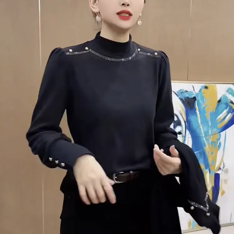 长袖抗起球纽扣通勤风拼接T恤修身型镶钻纯色半高领5250