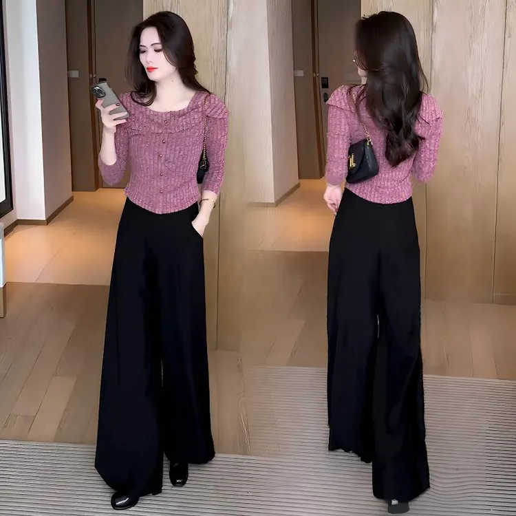 时尚洋气套装女2025秋冬季新款气质一字肩T恤打底衫阔腿裤两件套