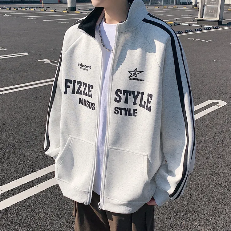 秋季新款青少年美式运动外套潮牌大码立领开衫卫衣男宽松休闲上衣