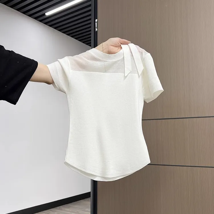 法式蝴蝶结系带短袖T恤女夏季穿搭设计感网纱拼接别致收腰上衣服