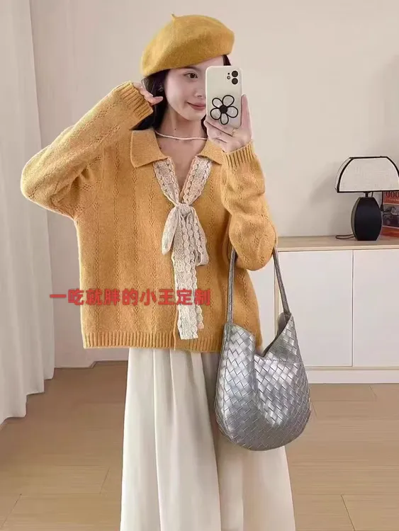 【小王家】蕾丝百搭针织秋季衫毛针织衫秋冬翻领蝴蝶结V领H811