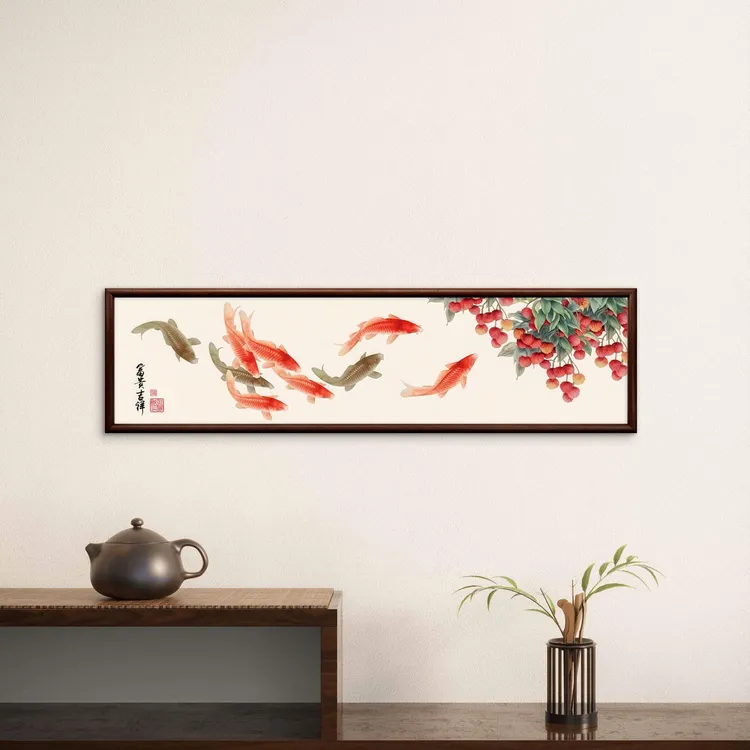 078-40*150荔枝鱼.实木框办公室玄关书房茶室客厅挂画