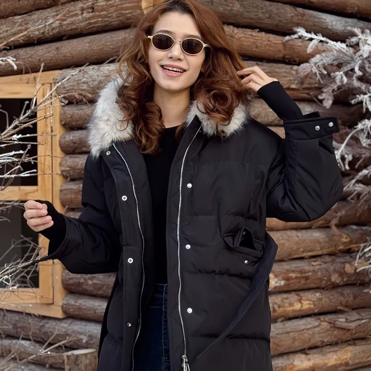 （达）跨年款黑的中长款可拆毛领羽绒服