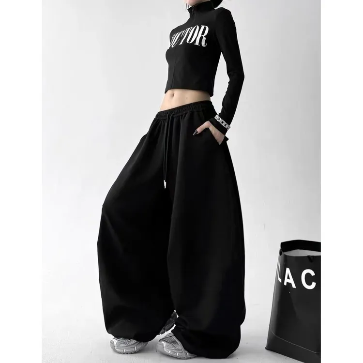 黑色运动裤女2025新款春秋宽松大码跳舞休闲裤显瘦高腰阔腿裤卫裤