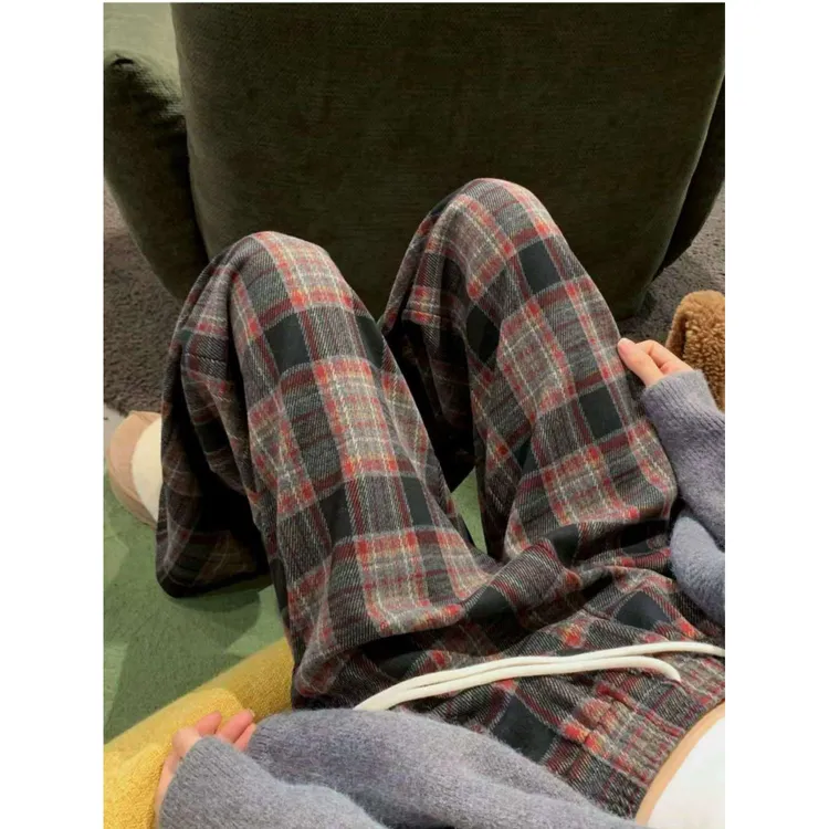 格子裤子女春夏季大码胖m200斤直筒休闲毛呢慵懒垂感宽松阔腿裤子