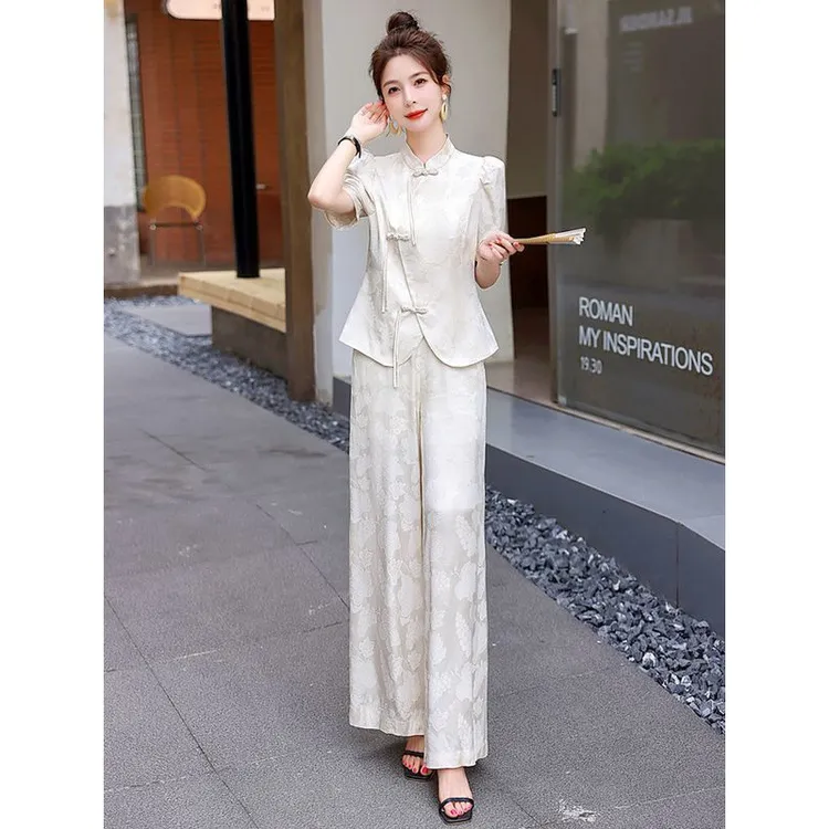 YY新中式国风改良旗袍套装女夏季新款轻奢高级感阔腿裤两件套SML