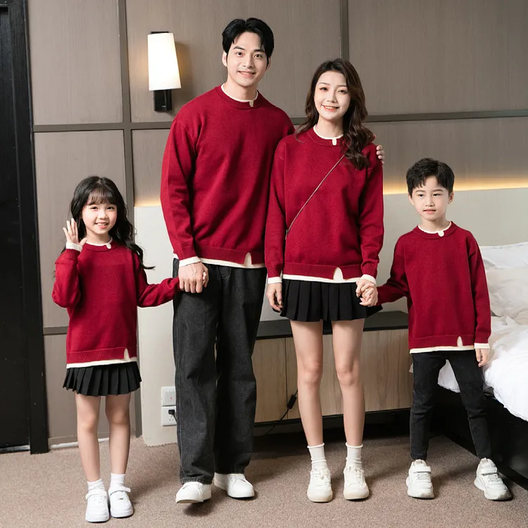 秋冬亲子装全家装一家三口四口亲子加厚毛衣双层领母子母女家庭裝