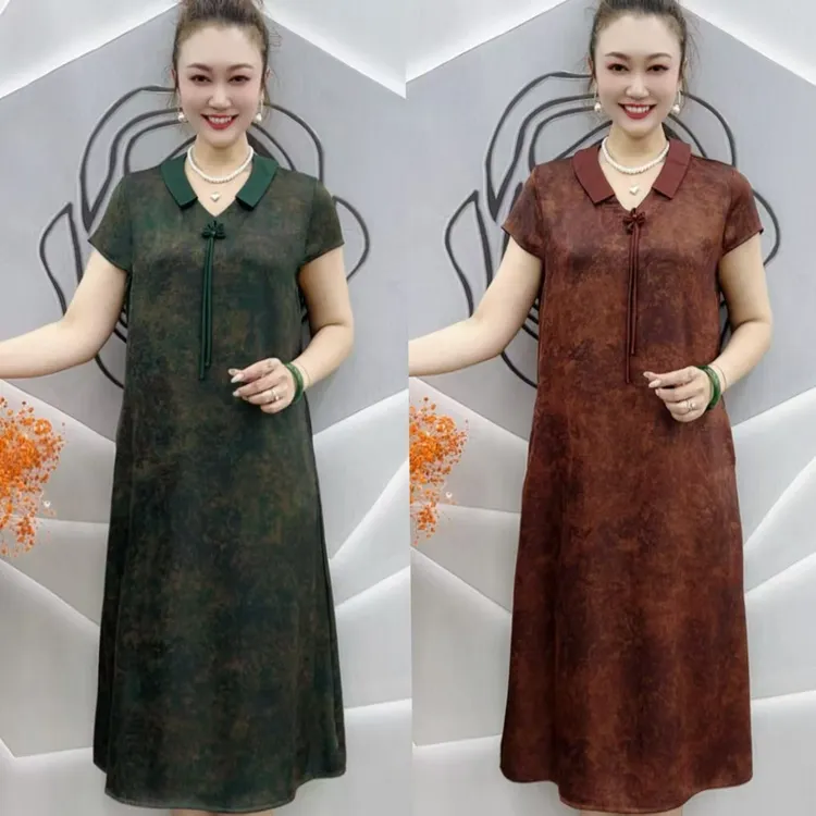 H夏季新款中年妈妈装连衣裙时尚翻花V领宽松舒适中长显瘦妈妈裙