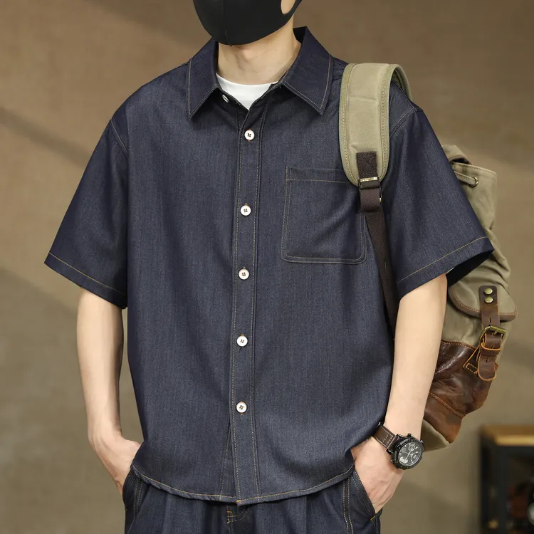 高端美式丹宁酵洗薄款短袖牛仔衬衫男士夏季休闲半袖衬衣外套男装