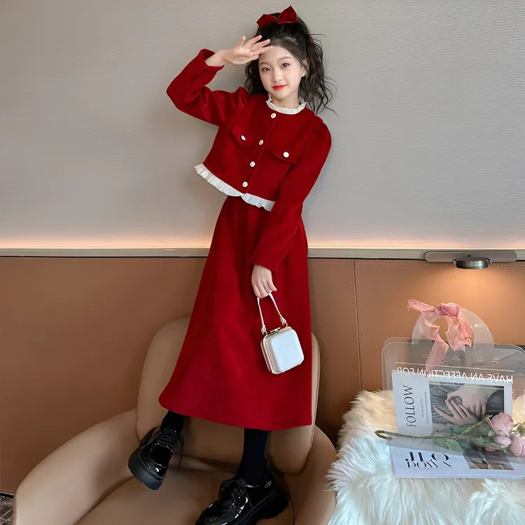 女童秋冬连衣裙套装韩版中大童时尚洋气小香风半身裙外套两件套潮