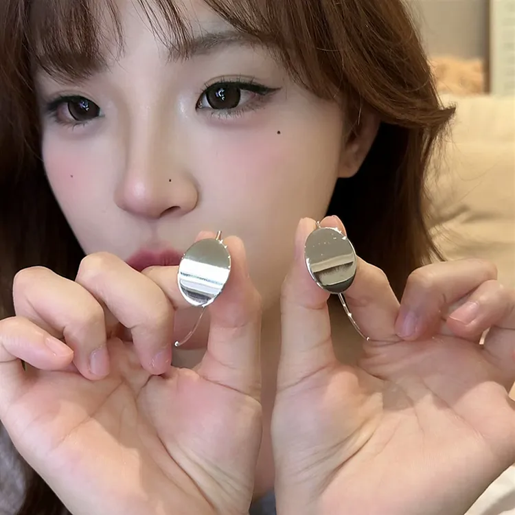 铜合金耳饰 小众设计金属质感几何椭圆耳环银色简约气质时尚耳饰