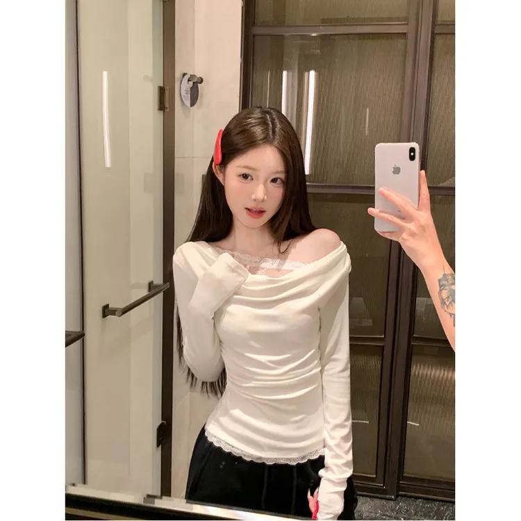 纯欲不规则显瘦白色荡领一字肩T恤女秋冬露肩设计感小众长袖上衣