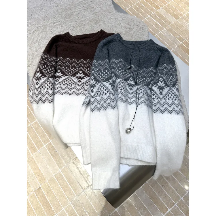 “费尔岛毛衣”兔毛绵羊毛提花毛衣圆领套头羊毛衫