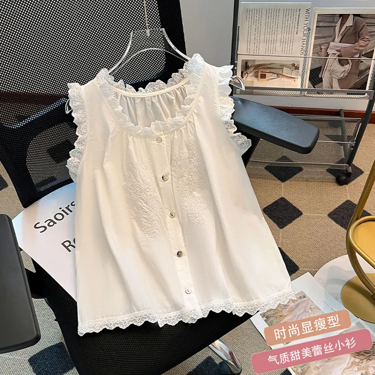 法式甜美小衫女装2025夏季韩版减龄蕾丝花边刺绣宽松短款无袖衬衫