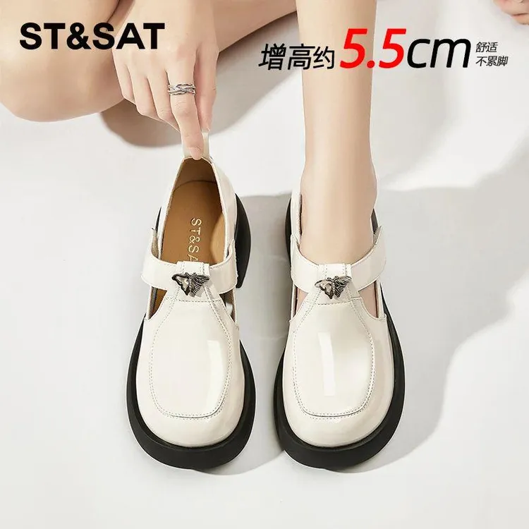 星期六厚底羊皮休闲乐福鞋女春季白色软底玛丽珍粗跟圆头小皮鞋