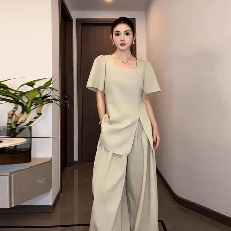 大码大方得体穿搭一整套装女夏季胖mm显瘦开叉上衣+阔腿裤两件套