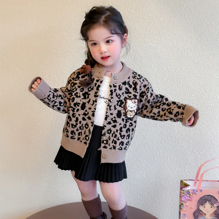 女童豹纹毛衣开衫2025新款儿童春秋装韩版洋气女宝宝春季休闲外套