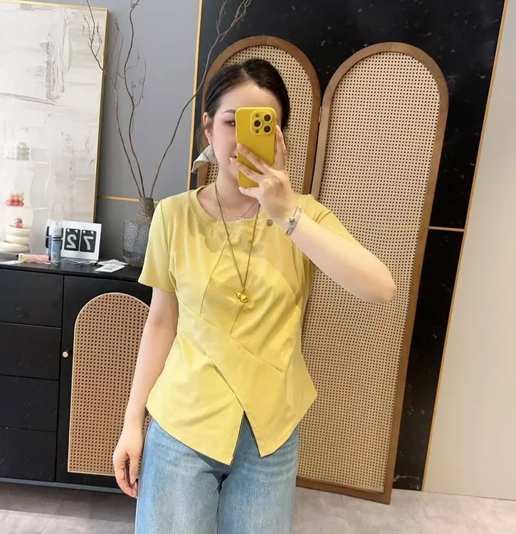 【欧加粒粒】不规则开叉正肩短袖T恤遮肚显瘦法式2025夏薄款 H82569
