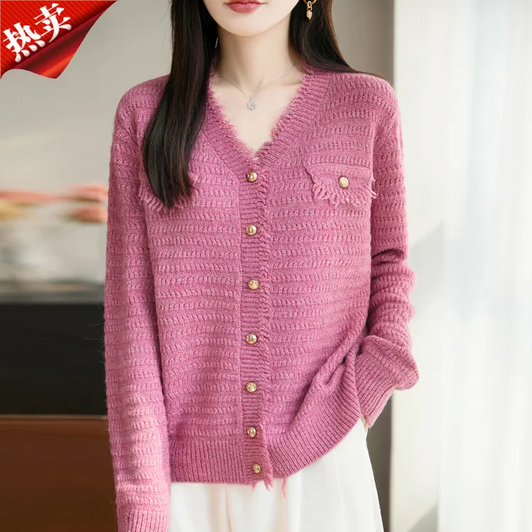 哥弟阿玛施正品花纱小香风流苏针织开衫V领宽松百搭上衣外搭秋冬