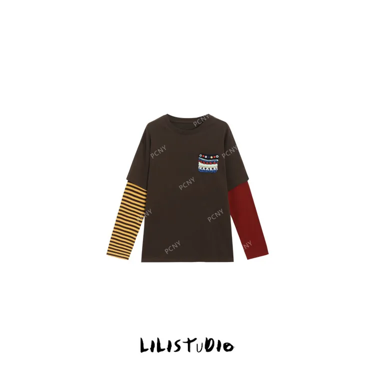 PCNY「针织小袋」不理理冬季新款小众女装拼接条纹洋气高级圆领T恤