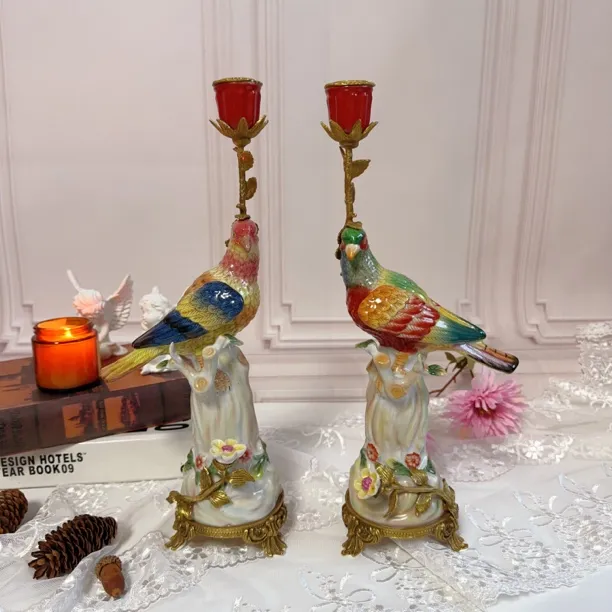 红色喜庆可爱鹦鹉烛台一对黄铜陶瓷手工烛台