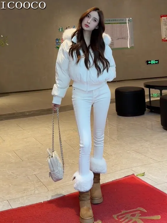 强推！新版本~白色加绒小脚牛仔裤女秋冬高腰弹力紧身显瘦铅笔裤