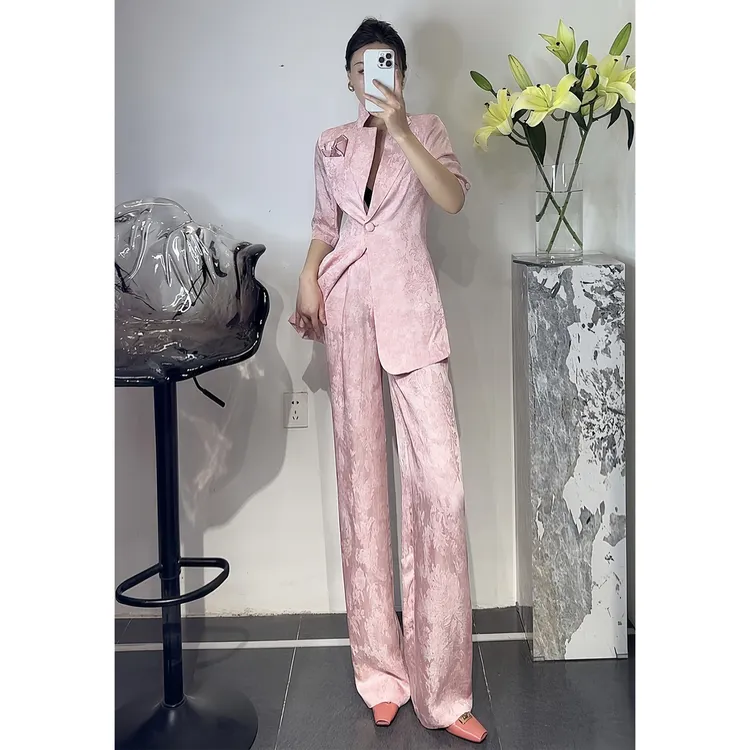 ZEROYK轻奢时尚醋酸提花套装女夏季御姐范收腰西服长裤通勤两件套