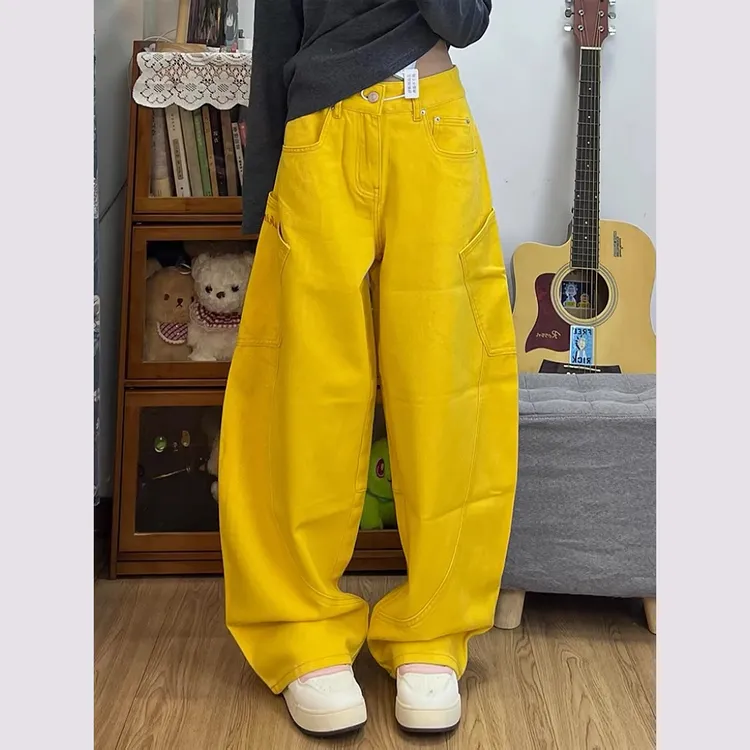 黄色弯刀牛仔裤女夏季新款美式大口袋设计感宽松阔腿刺绣拖地裤潮