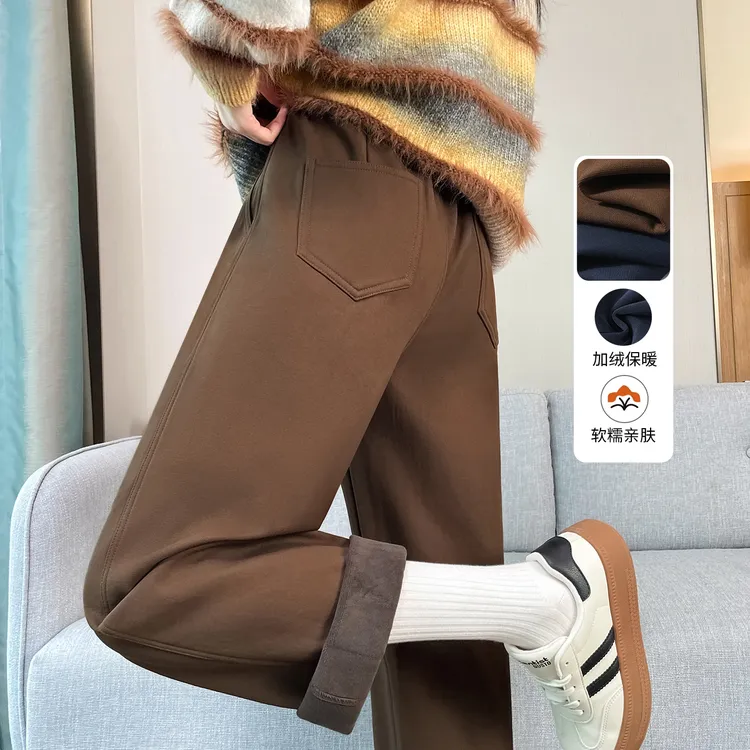 咖色加绒直筒裤女秋冬加厚2025新款高腰显瘦休闲阔腿烟管裤子