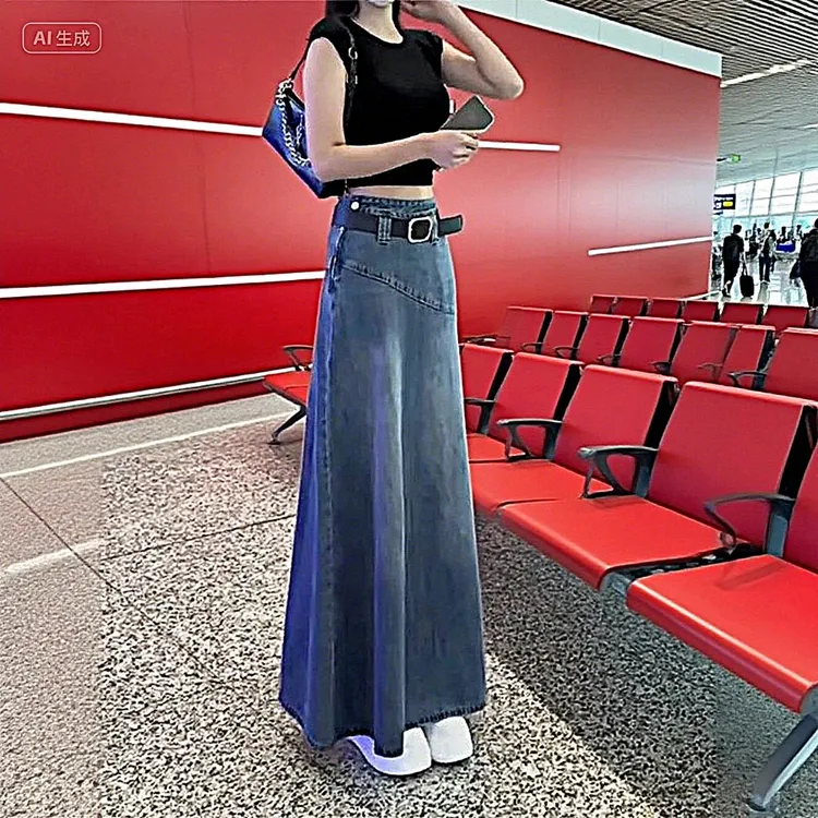 女2025早秋新款韩系复古包臀长裙ins潮美式小众辣妹a字牛仔半身裙