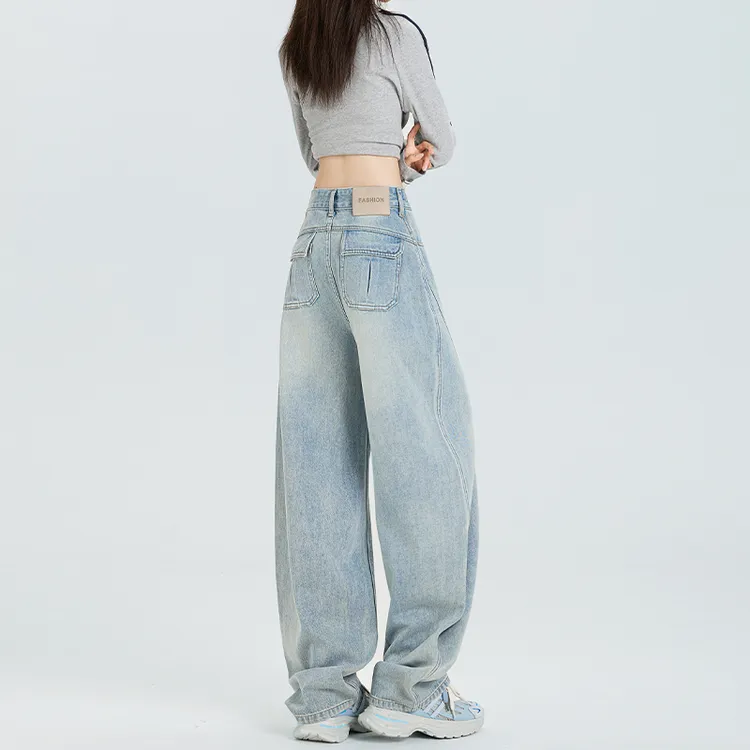 浅色阔腿牛仔裤女2025秋季新款高腰宽松显瘦百搭弯刀直筒拖地裤子