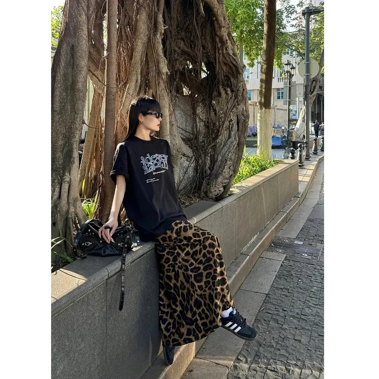 KELE  【美式豹纹】2025超火女夏辣妹风垂坠感高腰显瘦复古鱼尾长裙