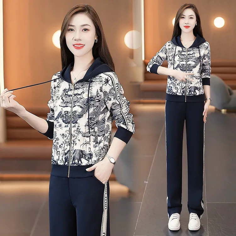 品牌时尚连帽运动套装女春秋2025洋气休闲印花百搭两件套