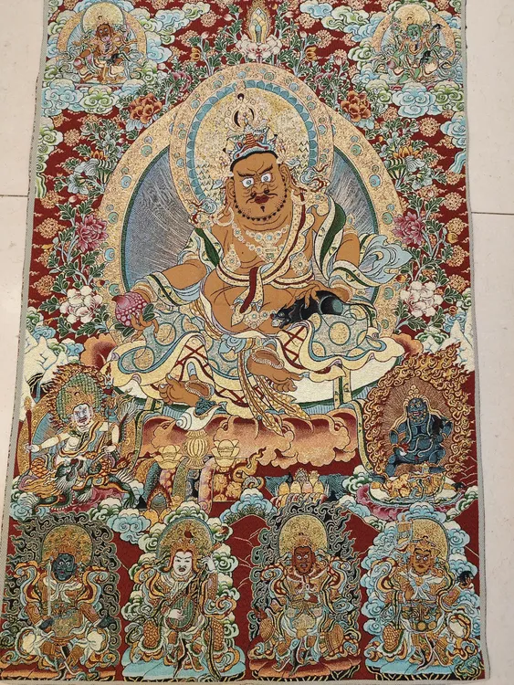 织锦刺绣堆绣唐卡五路财神成品刺绣画心，办公室，门店，玄关装饰画。